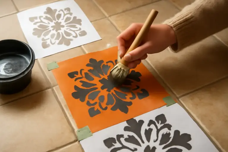 Tecnica dello stencil su piastrelle: il trucco per motivi impeccabili anche su superfici irregolari